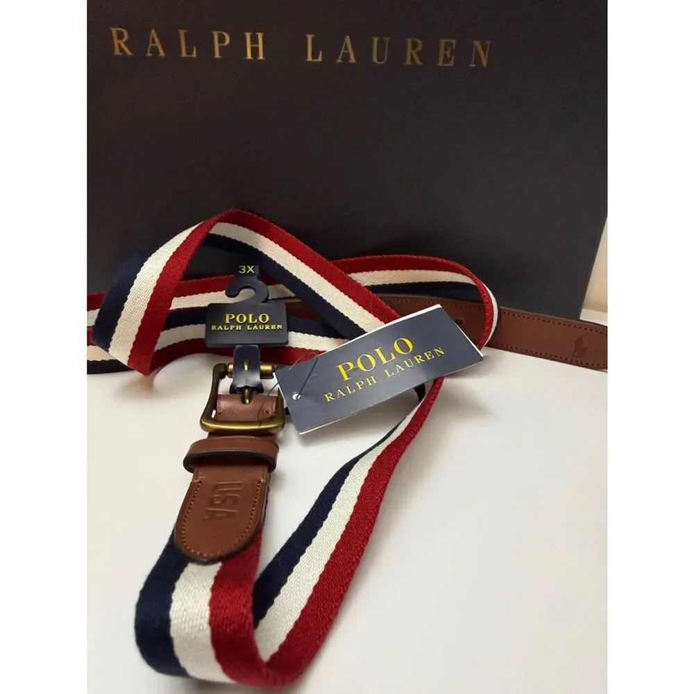 Polo Ralph Lauren Men’s 3X Canvas Stripe Belt Leather Golf Classic Preppy
